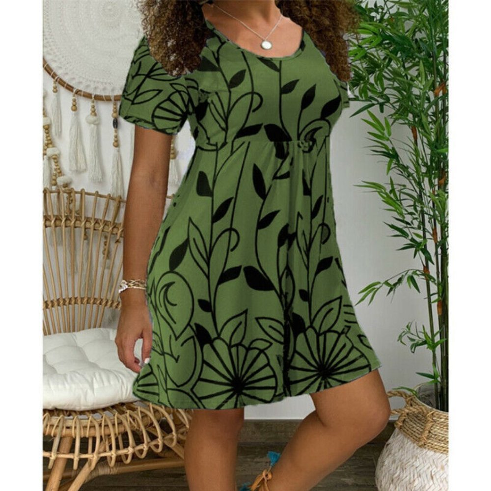 Sleeve Casual Crew Neck Sundress Plus Size